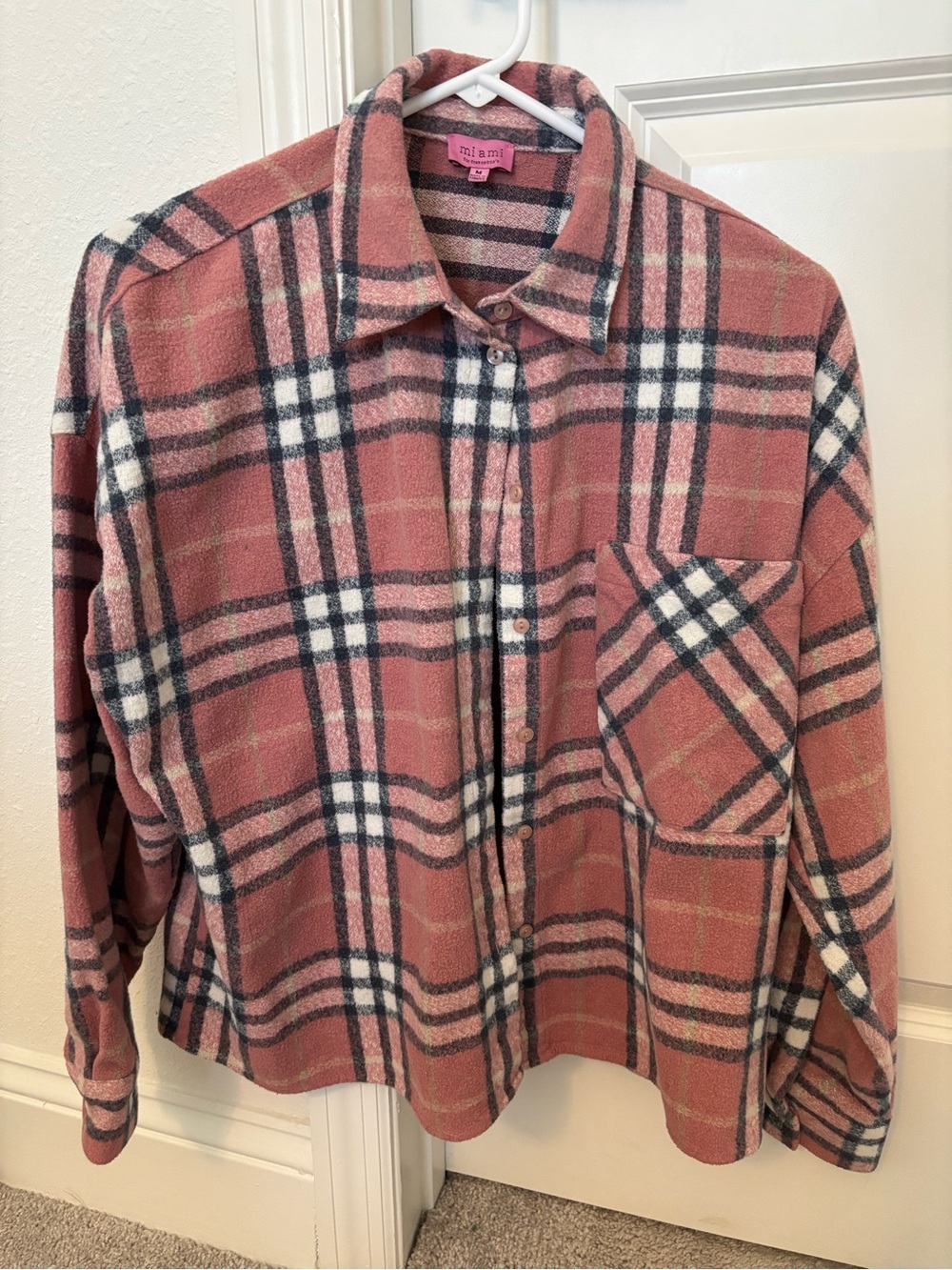Miami for Francesca’s Pink Plaid Shortshack Flannel Top Size Medium
